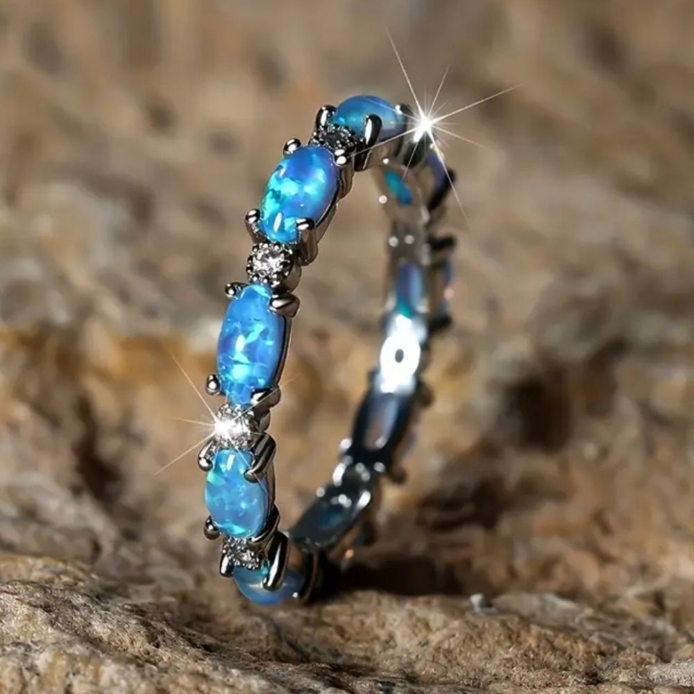 Ladies Elegant Blue Lab Created Opal Silver Ring